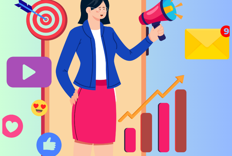 Digital illustration of a business owner building a trustworthy online reputation (symbolized by icons for experience, expertise, authority, trust). E-E-A-T SEO