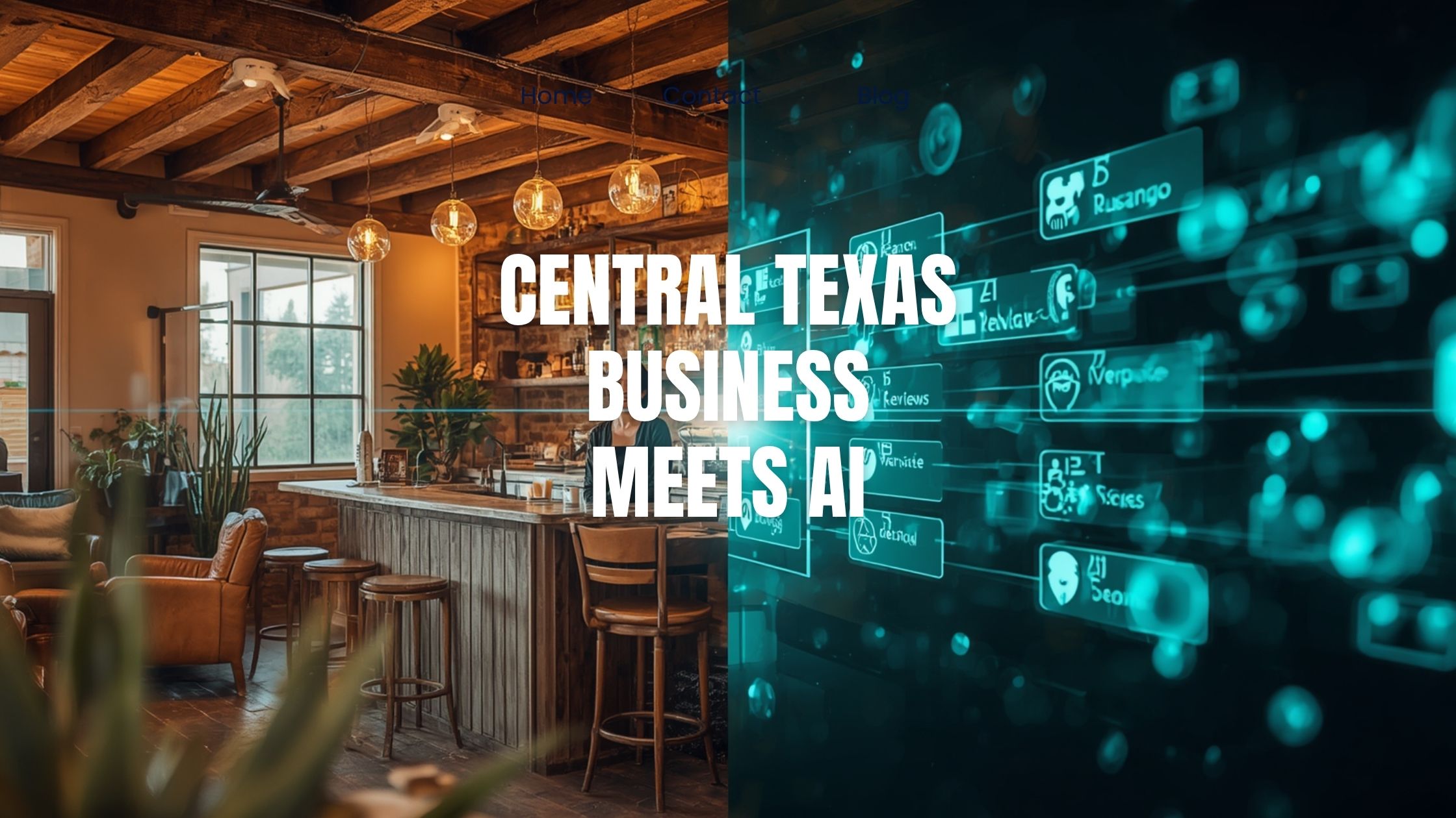 Central Texas business interior blended with an AI search interface
