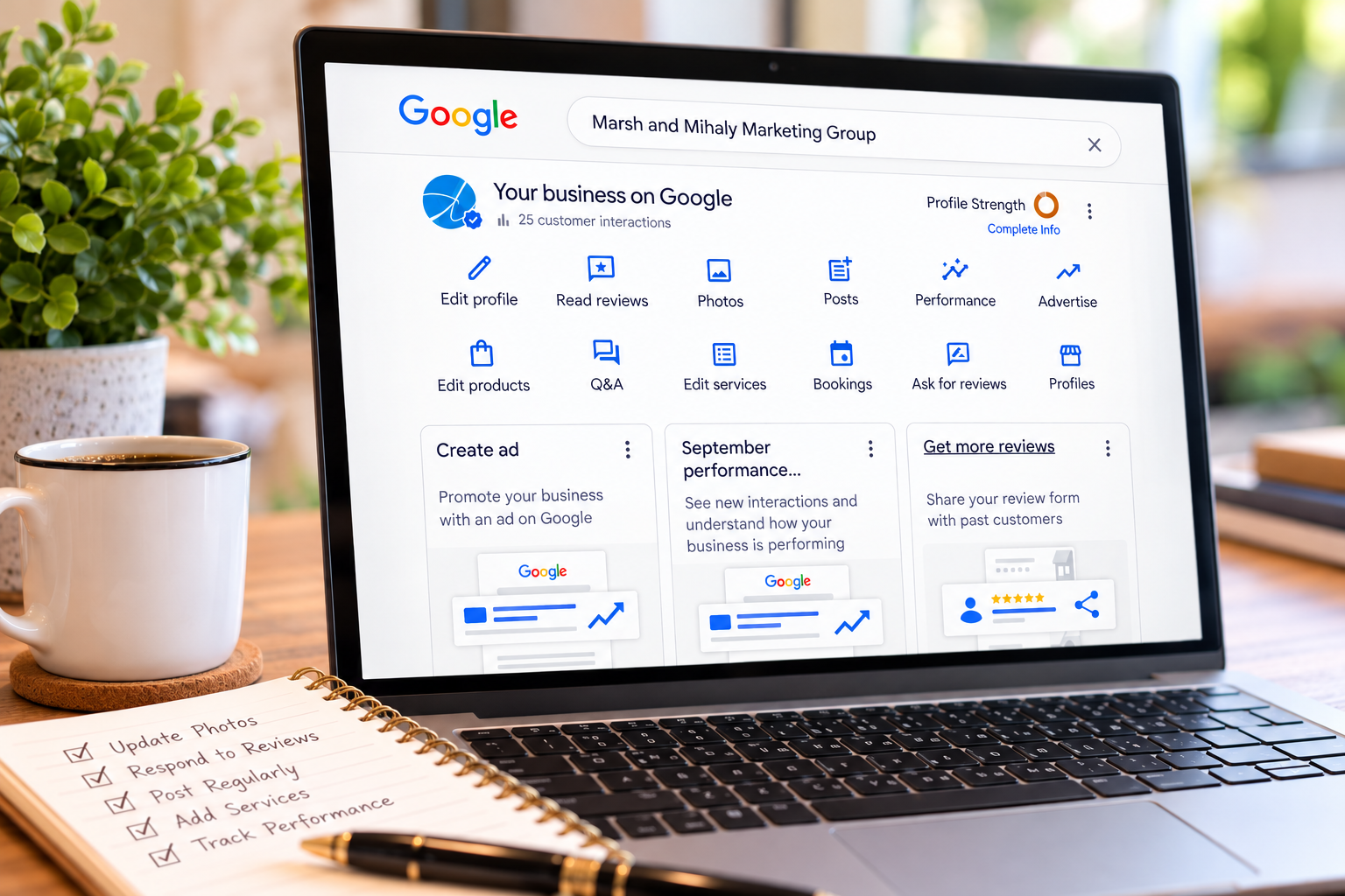 Illustration of a laptop displaying Marsh & Mihaly’s Google Business Profile, with a business-management checklist beside it.